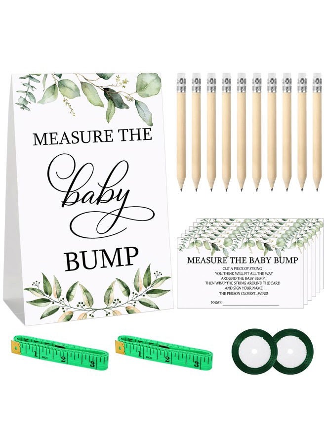 Fumete 65 Pieces Baby Shower Game Set 1 Measure the Baby Bump Sign Measure Mommy's Belly Game and 50 Guessing Cards 10 Pencils 2 Ribbons 2 Measuring Tapes for Baby Shower Party Decorations (Greenery) - Image 1